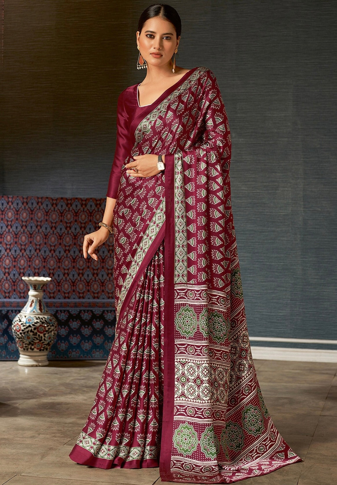 Pure Ajrakh Satin Crepe Saree