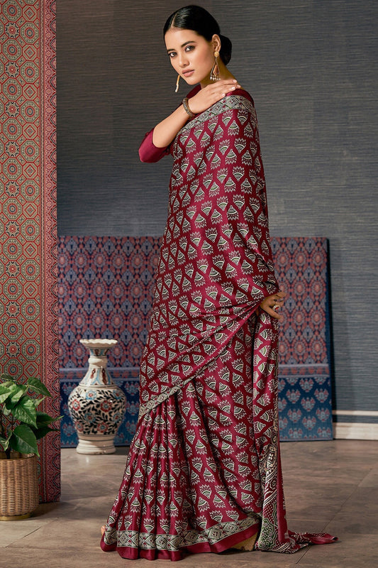 Pure Ajrakh Satin Crepe Saree