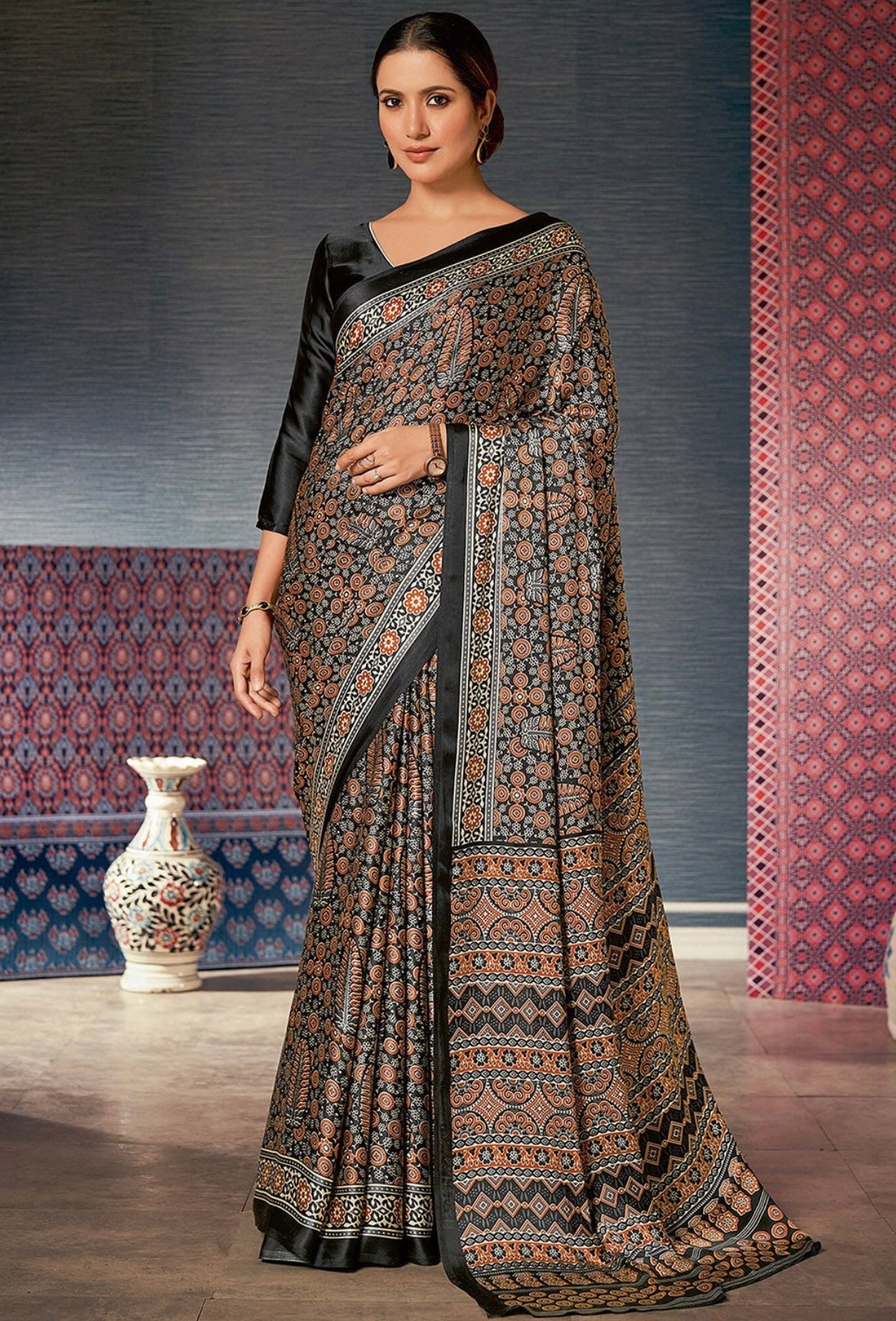 Pure Ajrakh Satin Crepe Saree