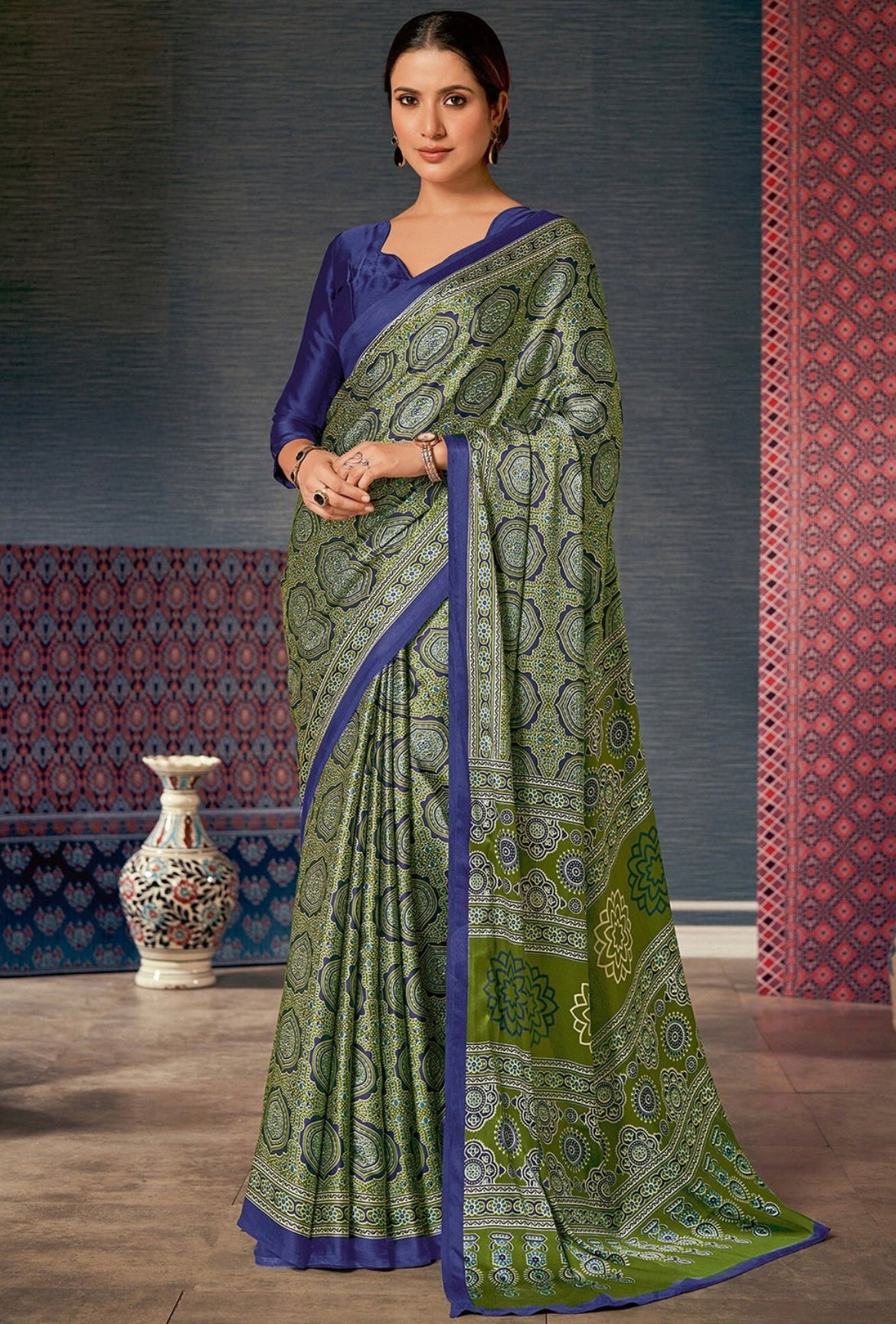 Pure Ajrakh Satin Crepe Saree