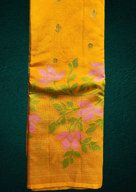 Yellow Silk Saree with golden zari