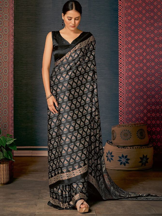 Pure Ajrakh Satin Crepe Saree