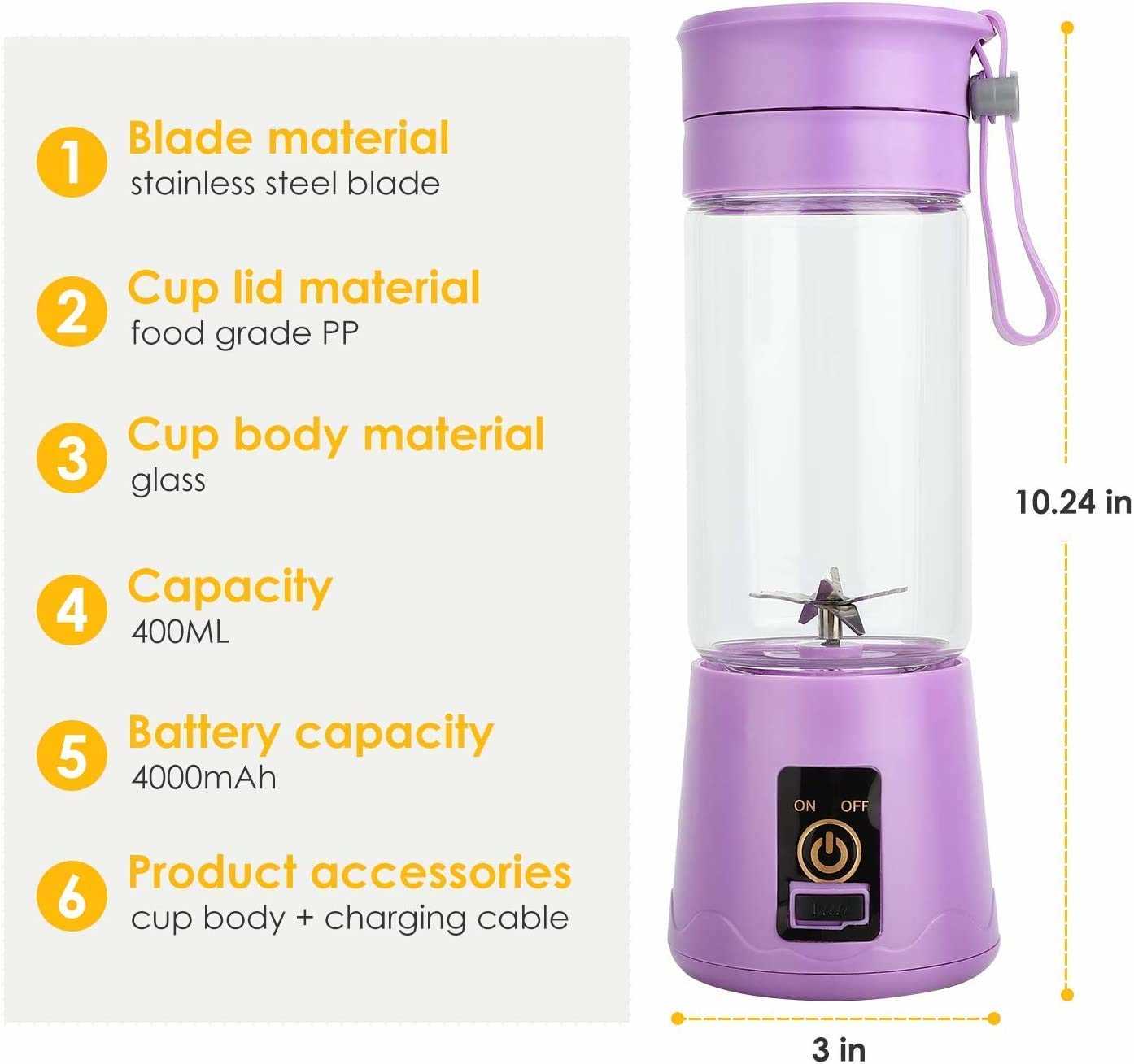 Portable USB Rechargeable Electric Juicer / Blender - 380ml Shaker Cup 4  Blade/